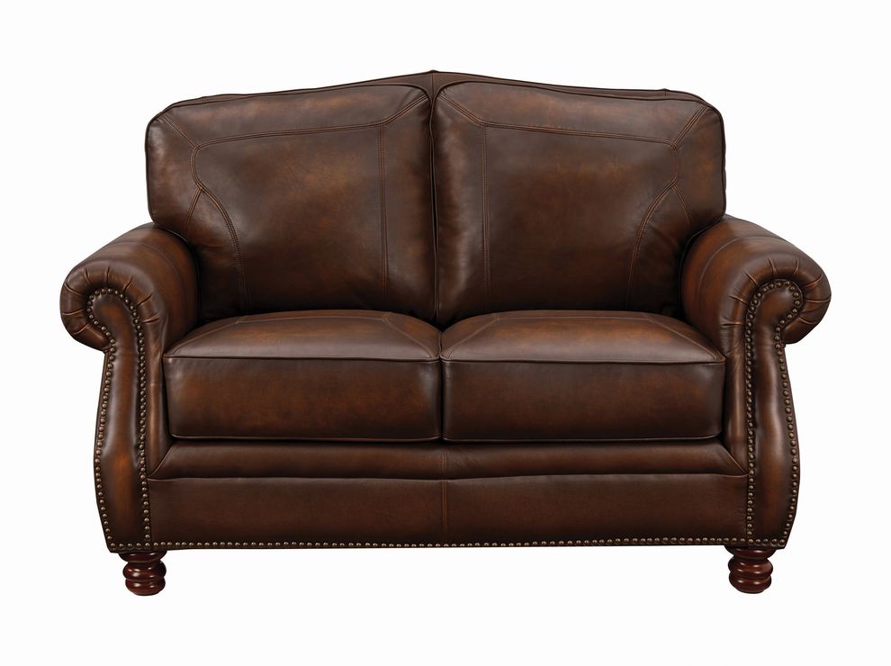 Traditional hand rubbed leather brown loveseat by Coaster