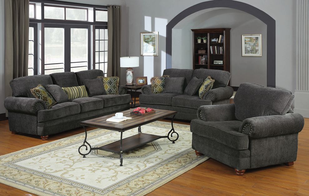 Gray chenille fabric rolled arms classic design sofa by Coaster