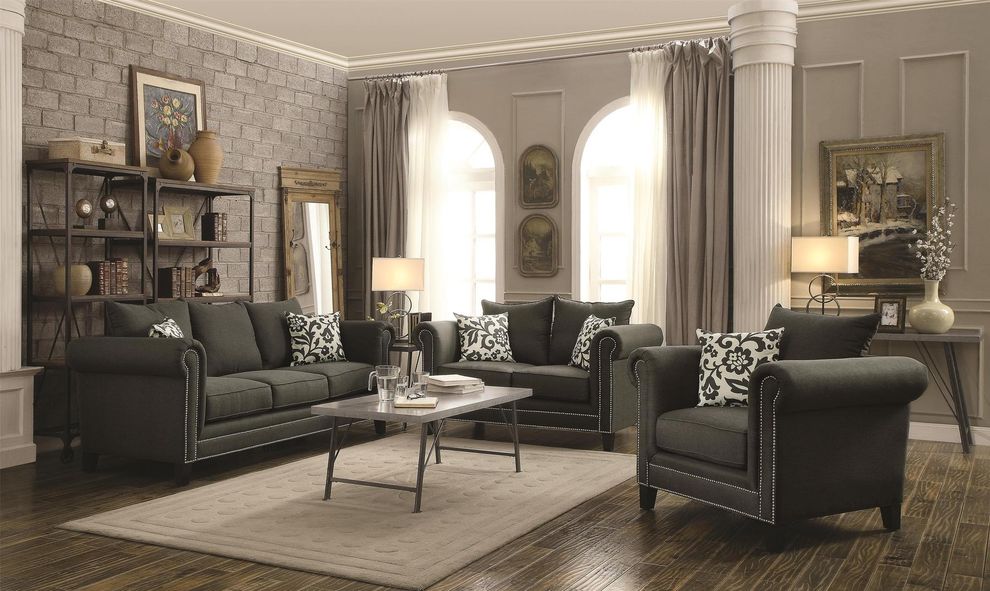 Nailhead trim charcoal linen fabric sofa by Coaster
