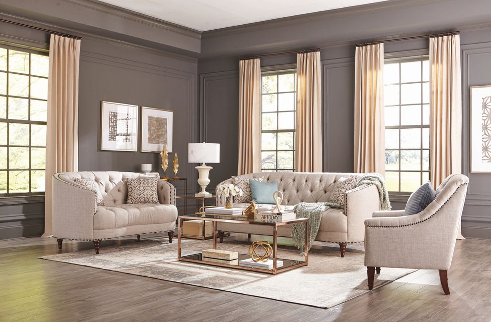 Linen-like stone gray fabric classic tufted sofa set by Coaster