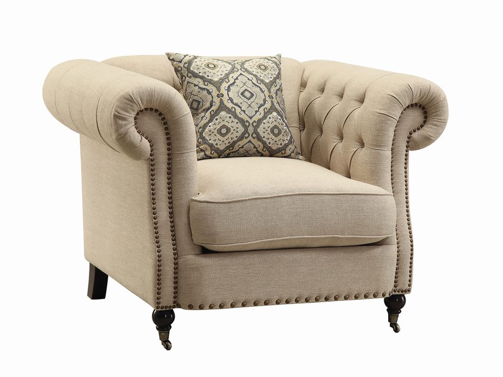 Classic style oatmeal linen fabric tufted chair by Coaster