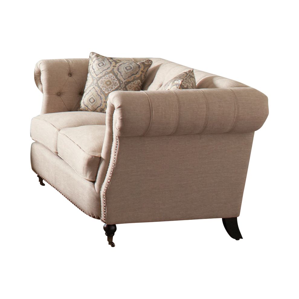 Classic style oatmeal linen fabric tufted loveseat by Coaster