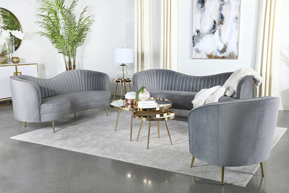 Gray velvet upholstery iconic kidney silhouette sofa by Coaster