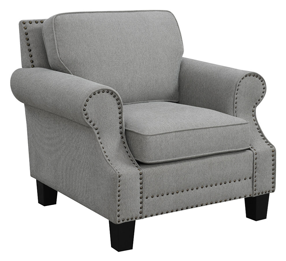 Gray woven fabric upholstery and antique brass finish nailhead chair by Coaster