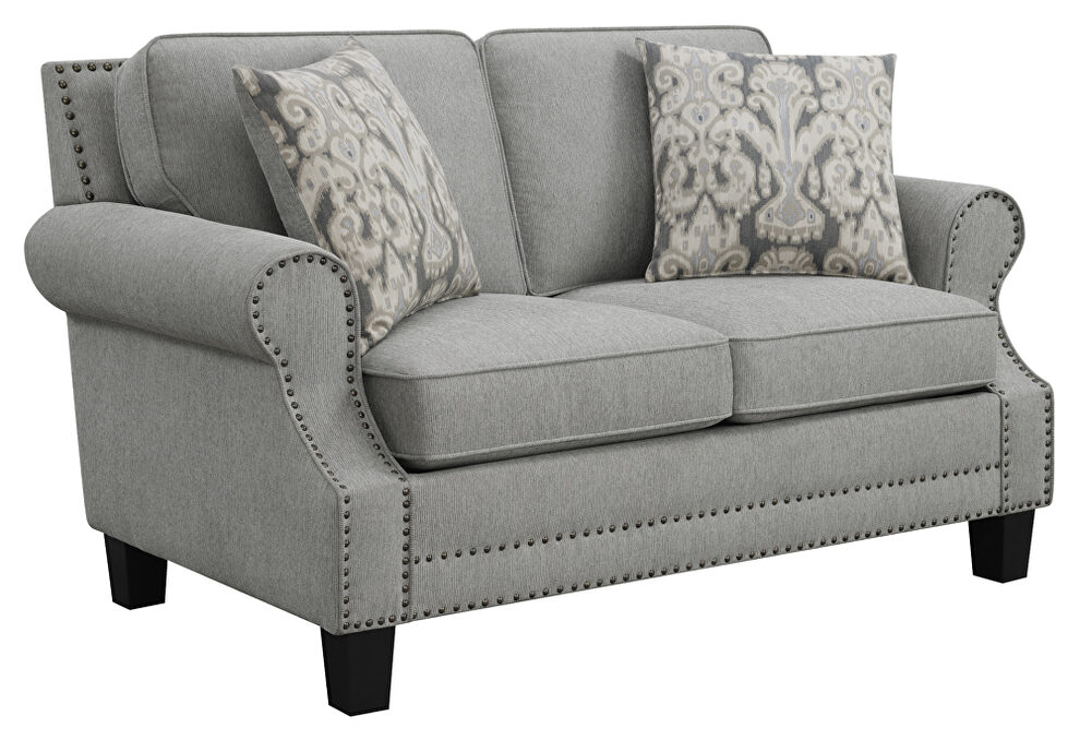Gray woven fabric upholstery and antique brass finish nailhead loveseat by Coaster