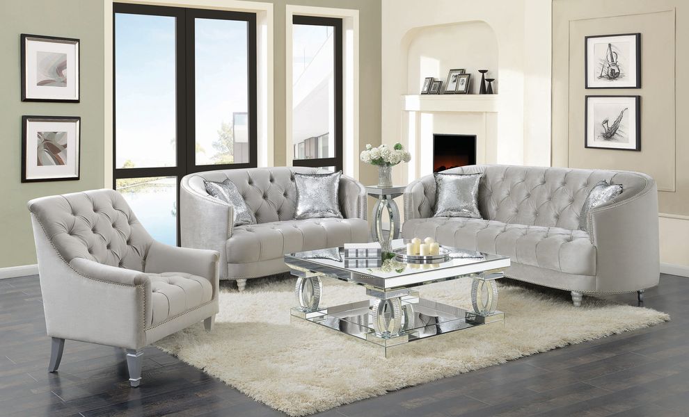 Traditional gray fabric tufted curved back sofa by Coaster
