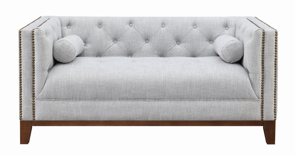 Light gray linen-like fabric tufted loveseat by Coaster