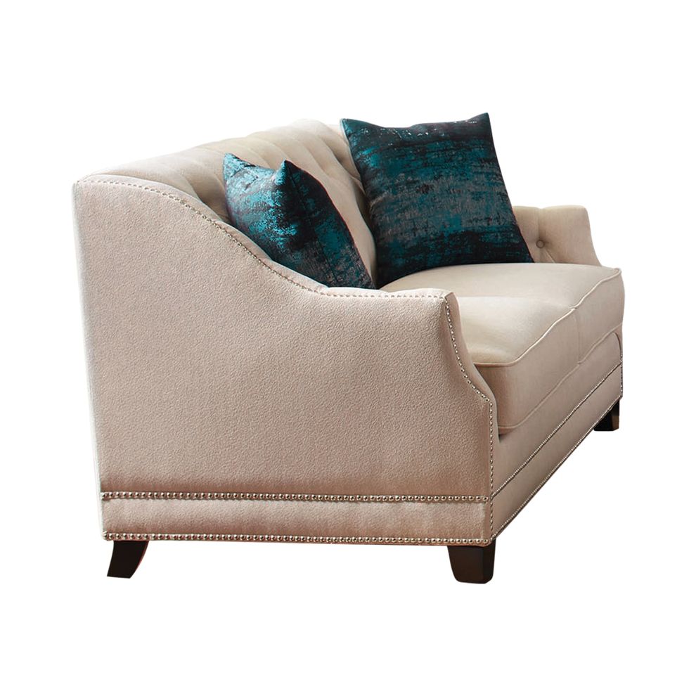 Beige polyester casual style loveseat w/ nailhead trim by Coaster