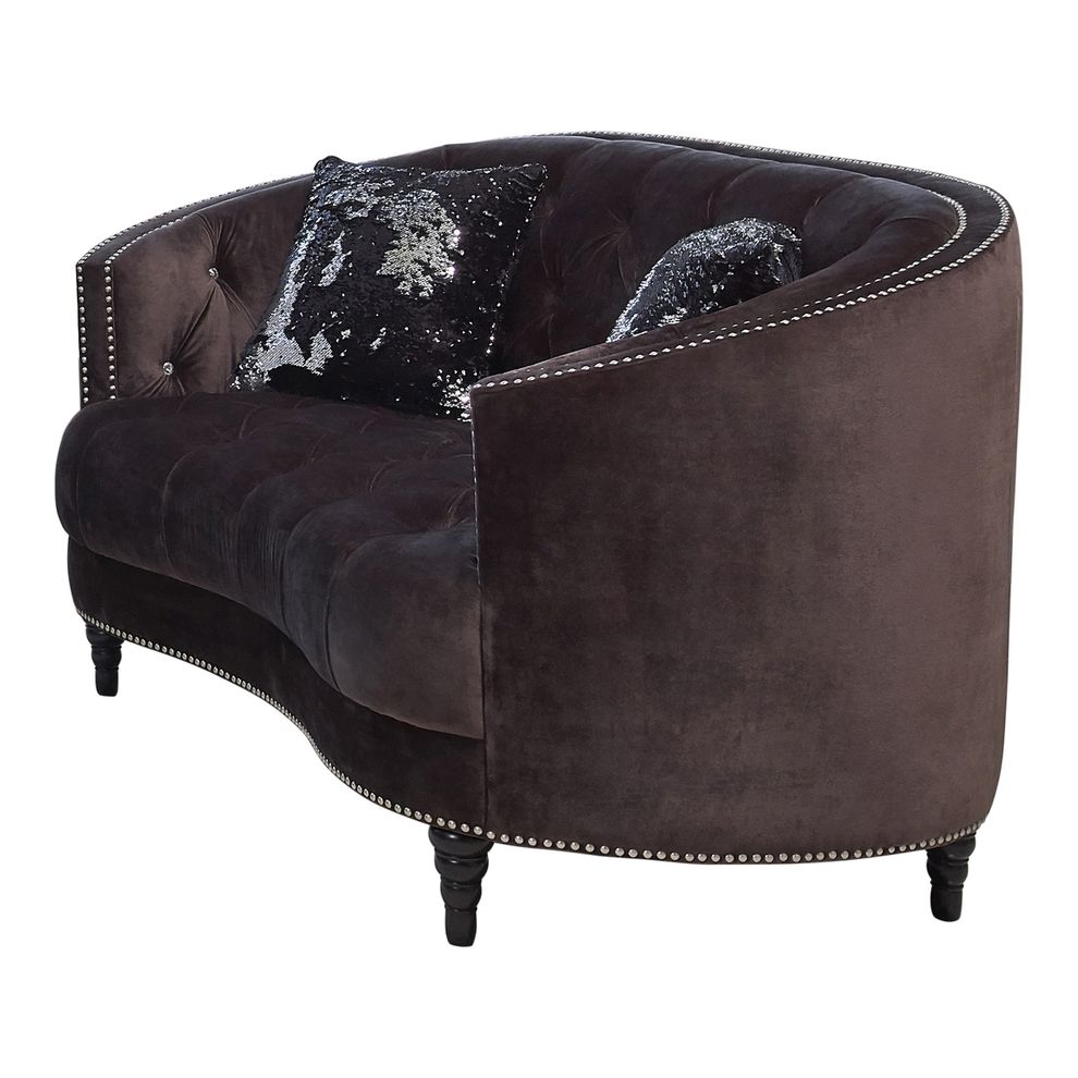 Traditional brown velvet tufted curved back loveseat by Coaster
