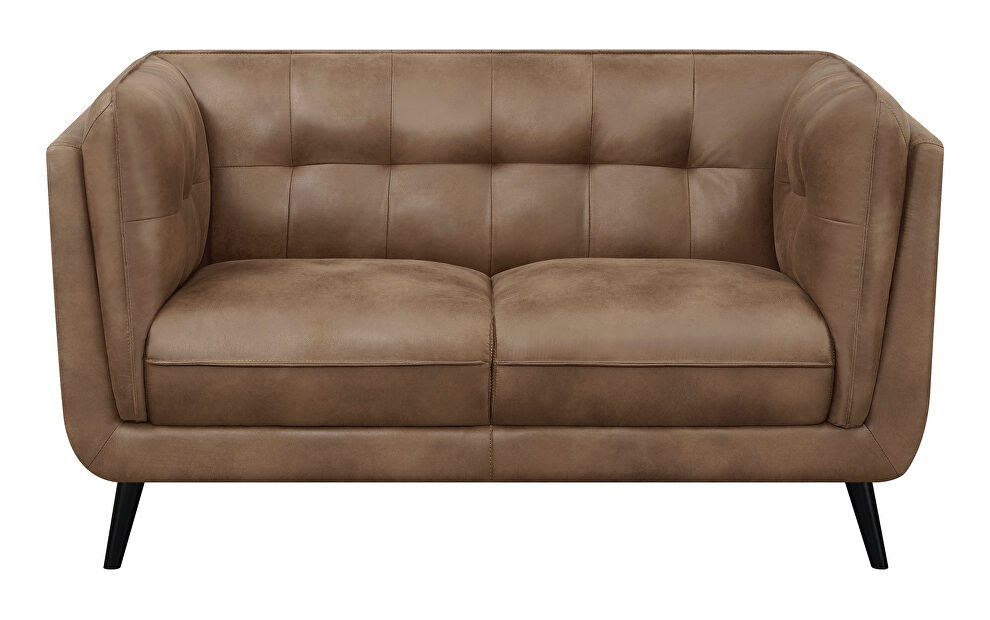 Upholstered button tufted loveseat in brown microfiber by Coaster