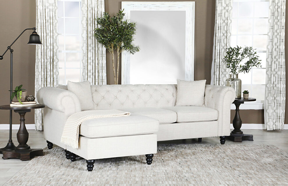 Oatmeal linen-like fabric upholstery two piece sectional with reversible chaise by Coaster