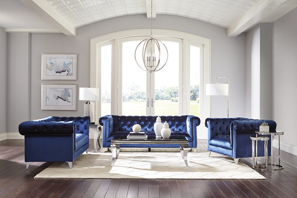 Button tufted blue velvet sofa by Coaster