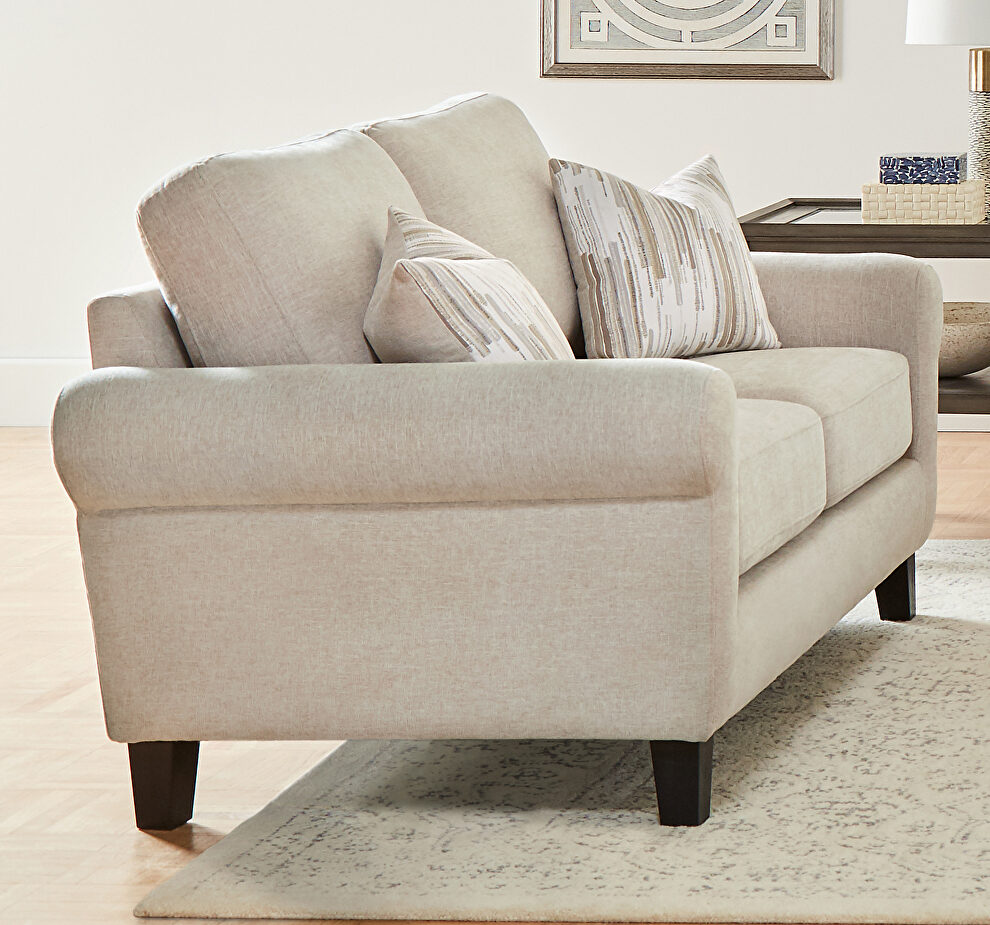 Beautiful soft neutral palette of gray and beige loveseat by Coaster