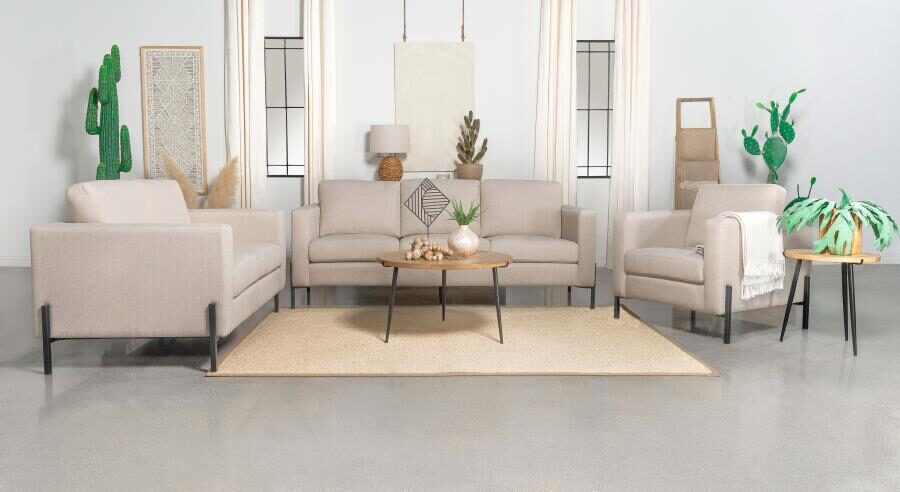 Upholstered track arms sofa in oatmeal herringbone fabric by Coaster