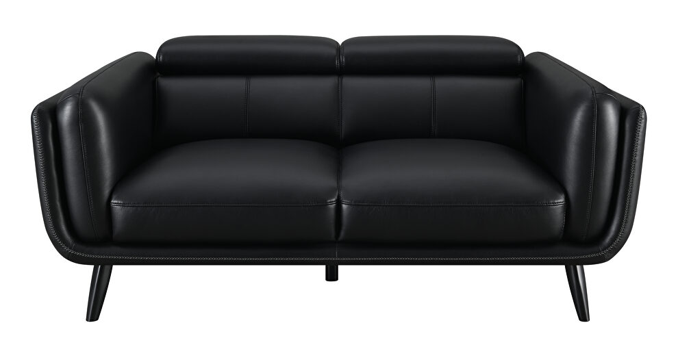 Track arms loveseat with tapered legs in black leatherette by Coaster