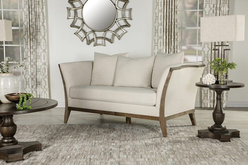 Beige linen-like fabric upholstery with coffee finish wood loveseat by Coaster