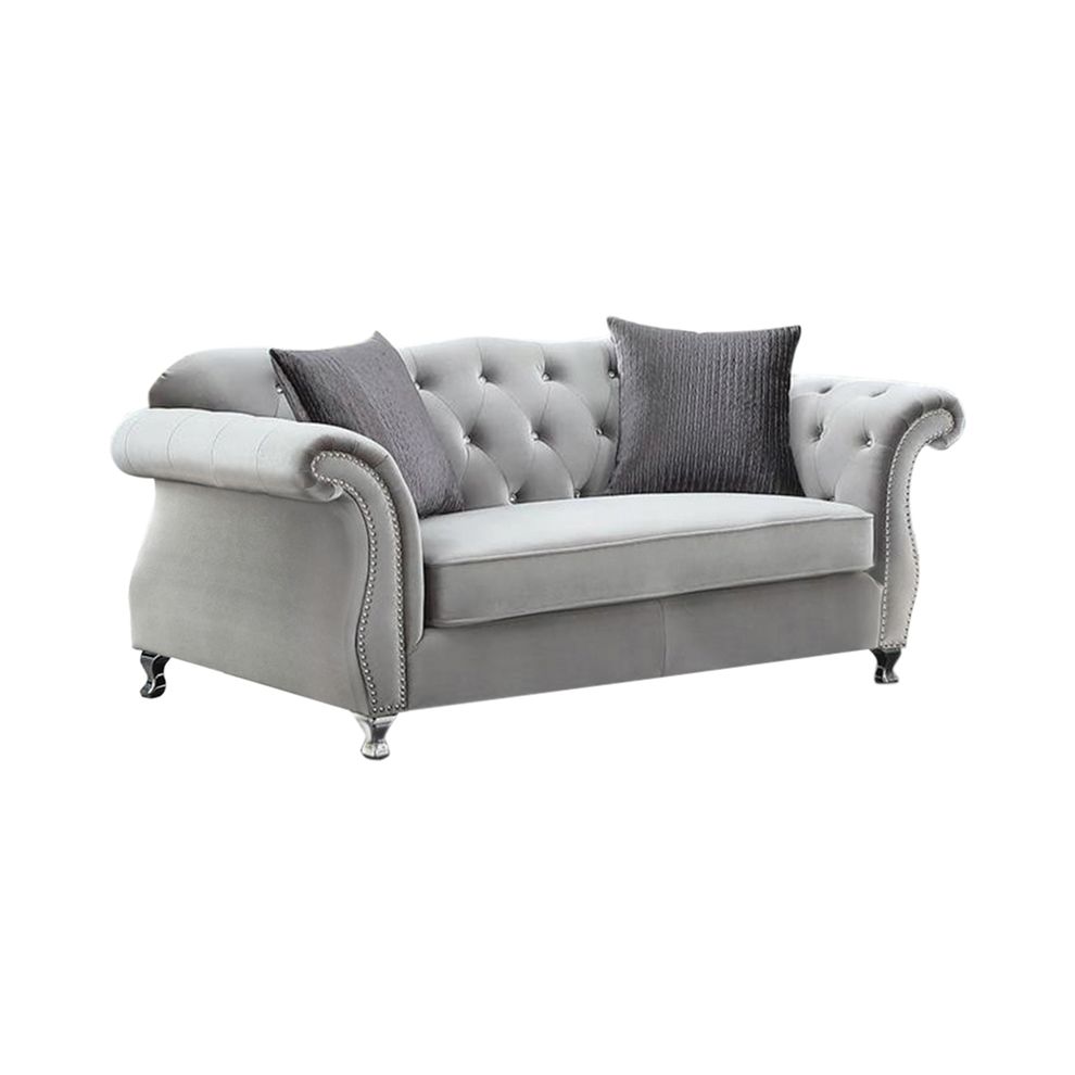 Glamourous silver velvet loveseat w/ crystal tufts by Coaster