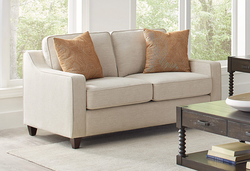 Loveseat, upholstered in soft low pile textured beige chenille by Coaster