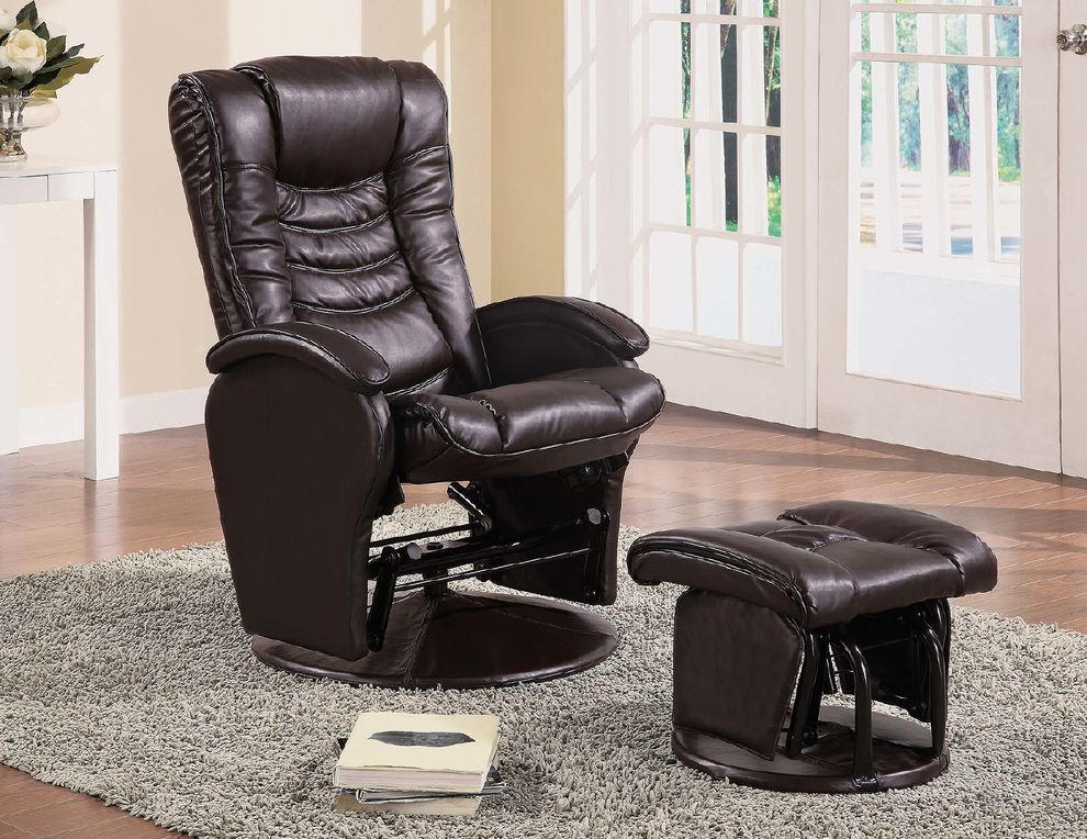 Casual brown faux leather reclining glider with matching ottoman by Coaster