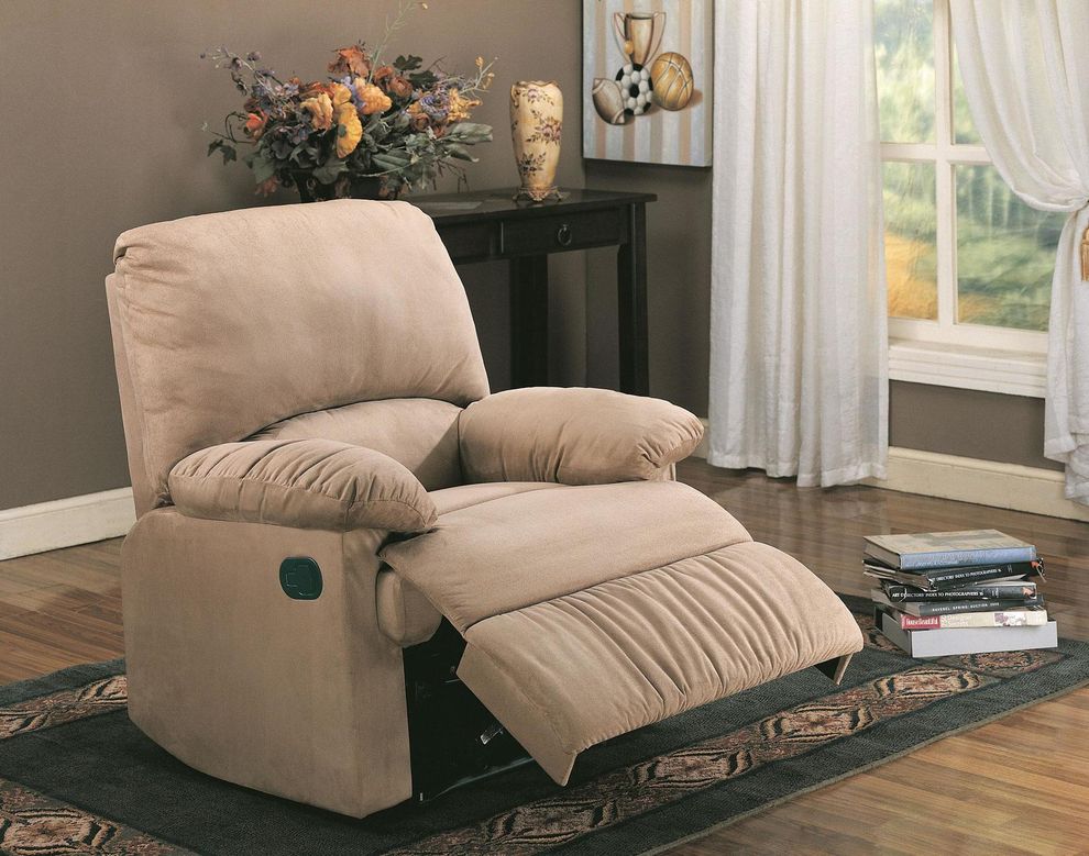 Affordable light brown microfiber recliner chair by Coaster
