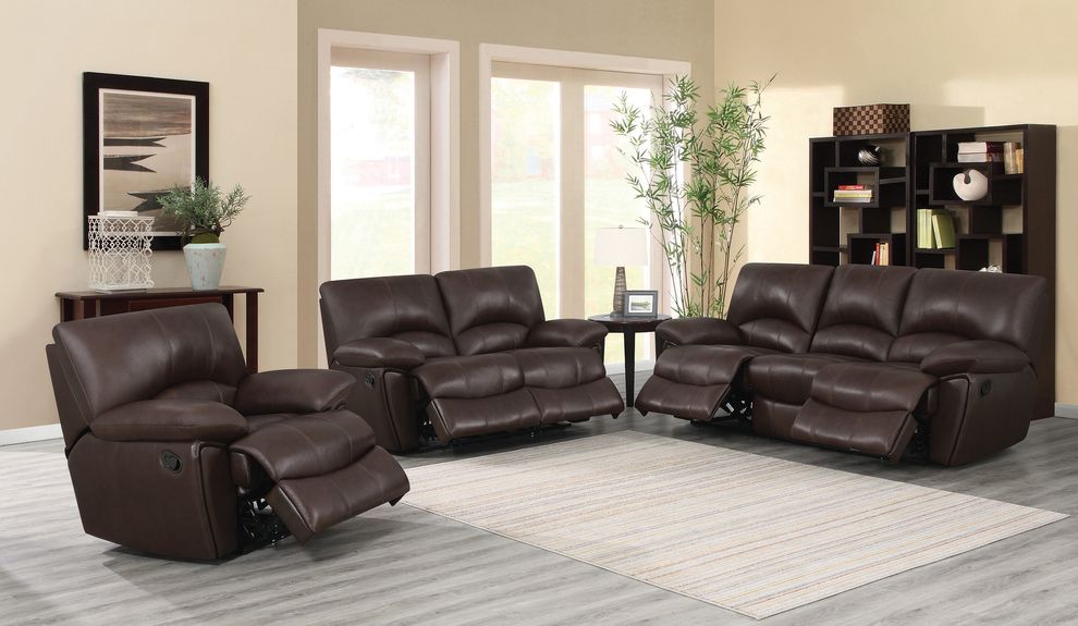 Brown leather motion rocker reclining sofa by Coaster