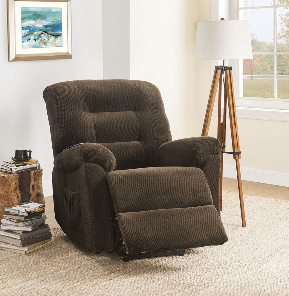 Chocolate power lift recliner by Coaster