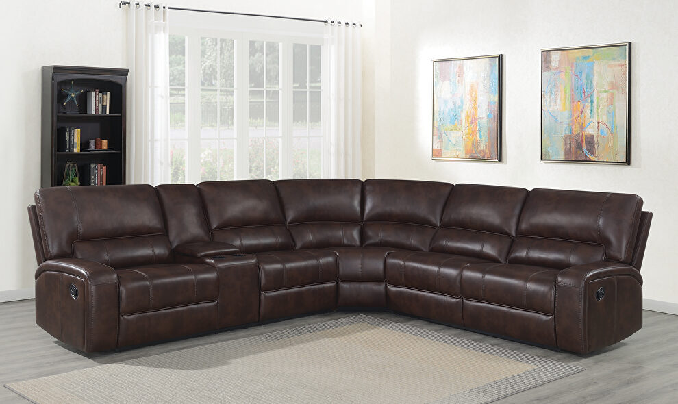 Three-piece modular motion sectional upholstered in a brown performance-grade leatherette by Coaster