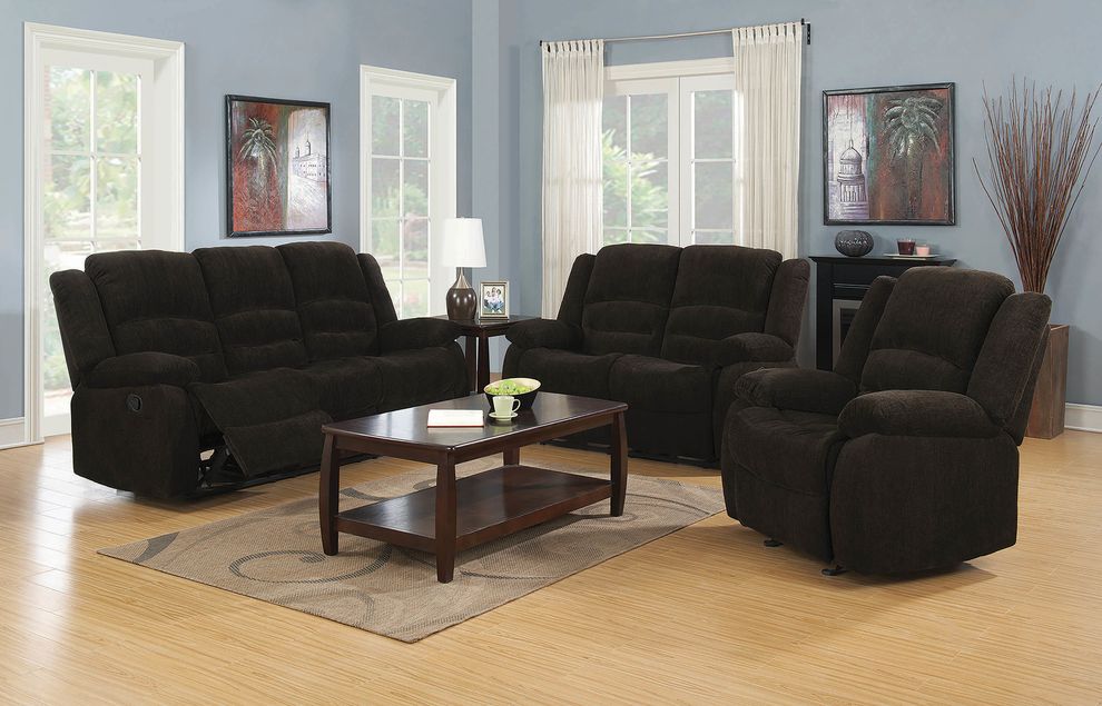 Dark brown fabric reclining sofa in casual style by Coaster