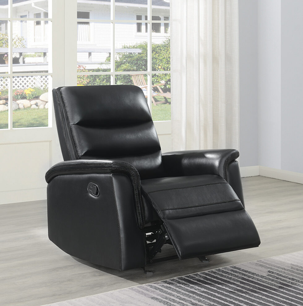 Glider recliner upholstered in black performance-grade leatherette by Coaster