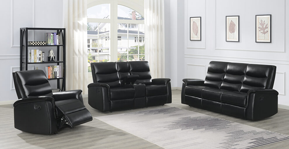 Motion sofa upholstered in black performance-grade leatherette by Coaster