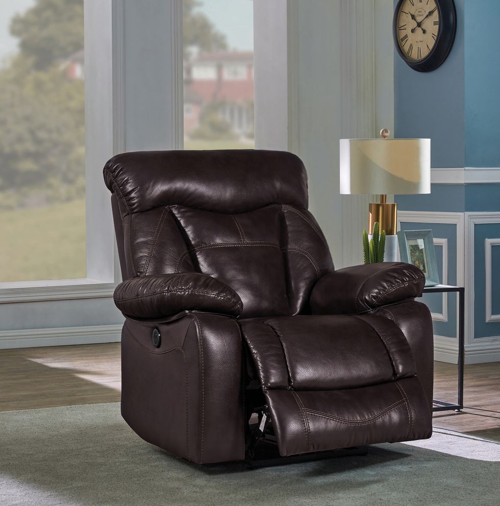 Dark brown faux leather power motion recliner by Coaster