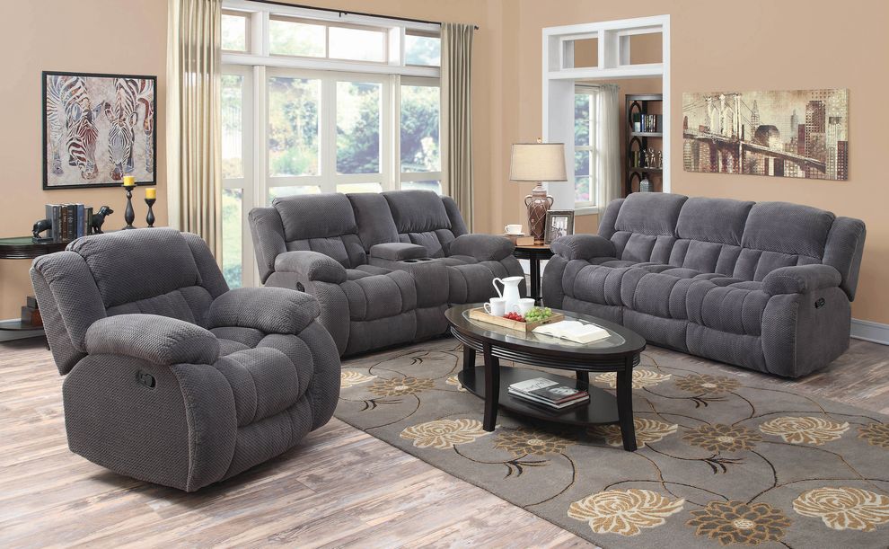 Charcoal gray fabric motion reclining sofa by Coaster