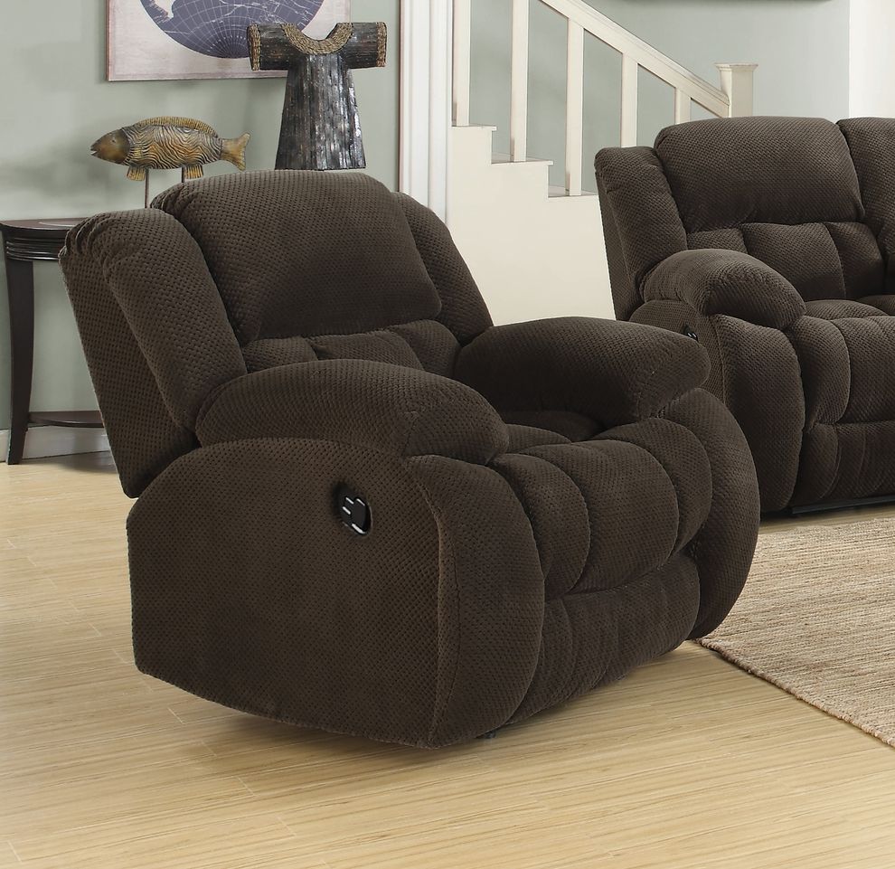 Brown casual style fabric glider recliner by Coaster
