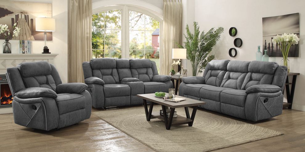 Casual gray stone suede fabric motion reclining sofa by Coaster