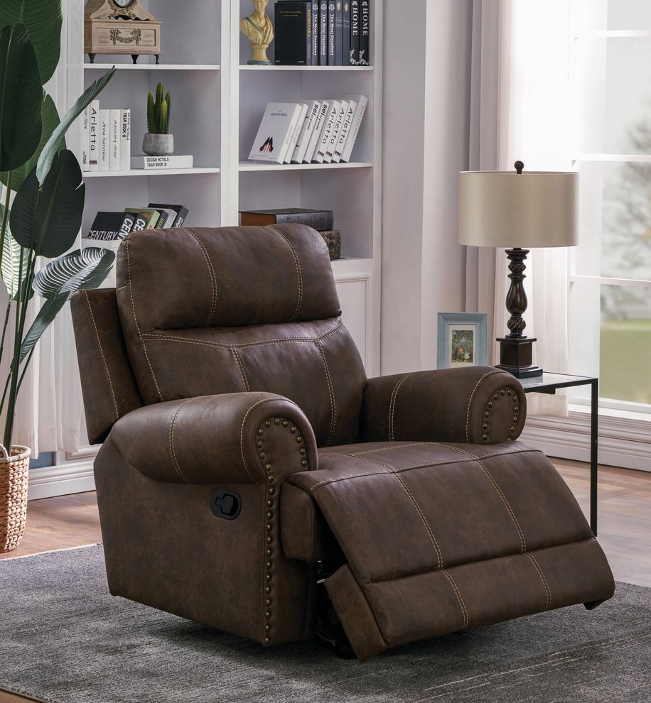 Glider recliner in faux brown suede fabric by Coaster