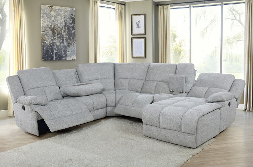 Six-piece modular motion sectional upholstered in a gray performance-grade fabric by Coaster