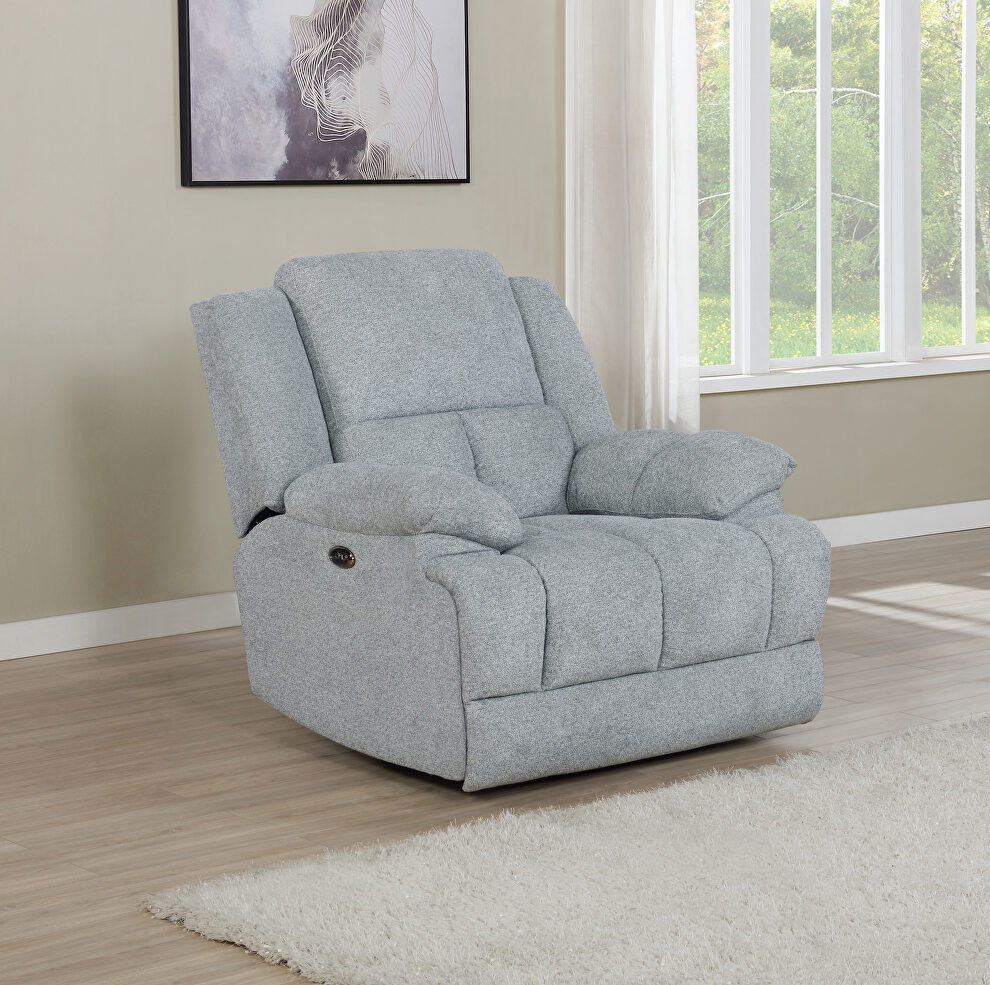 Glider recliner upholstered in gray performance fabric by Coaster