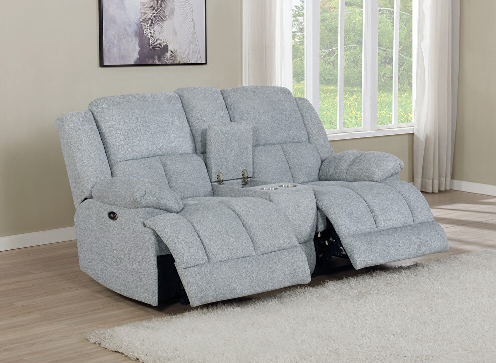 Motion loveseat upholstered in gray performance fabric by Coaster