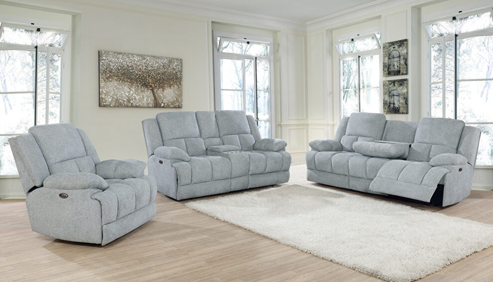 Motion sofa upholstered in gray performance fabric by Coaster