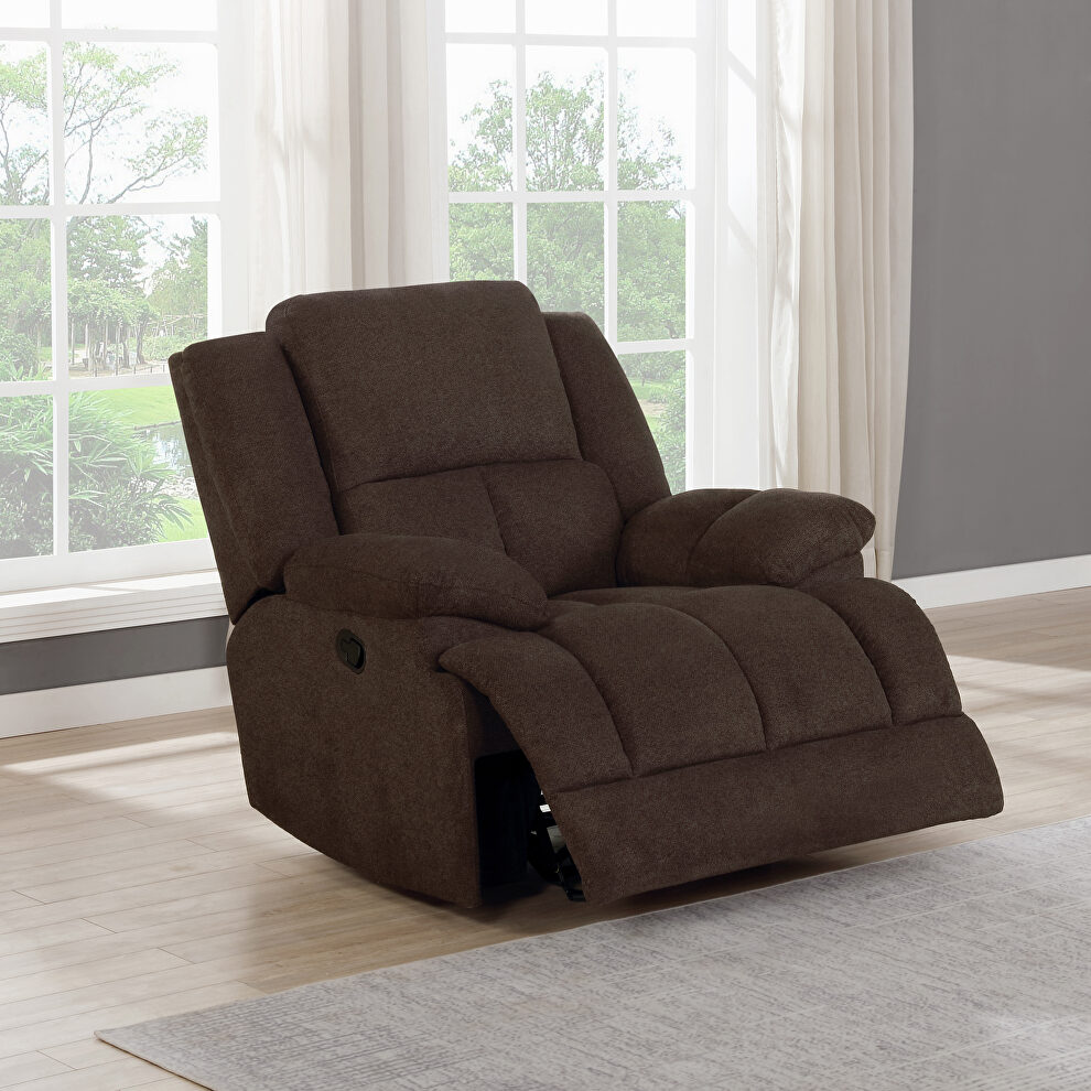 Glider recliner upholstered in brown performance fabric by Coaster