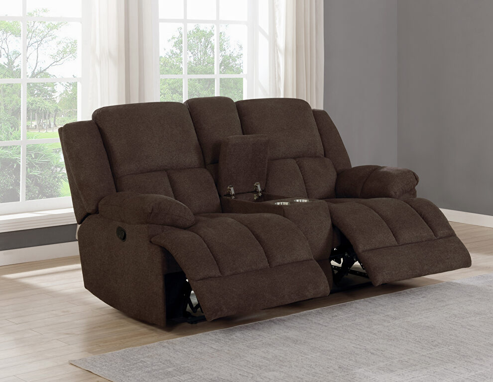 Motion loveseat upholstered in brown performance fabric by Coaster