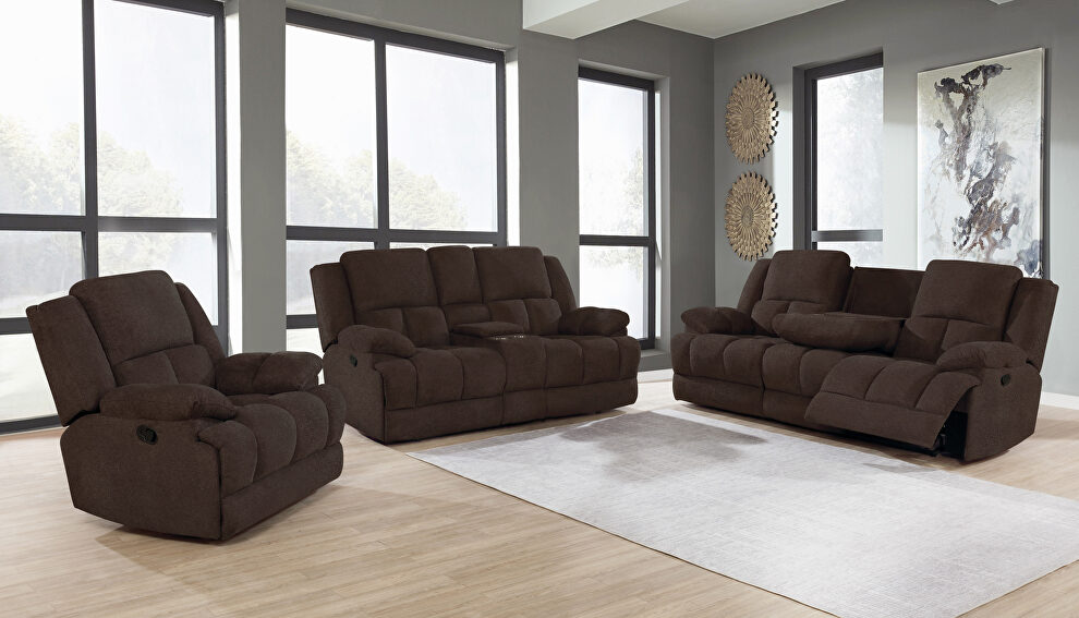 Motion sofa upholstered in brown performance fabric by Coaster