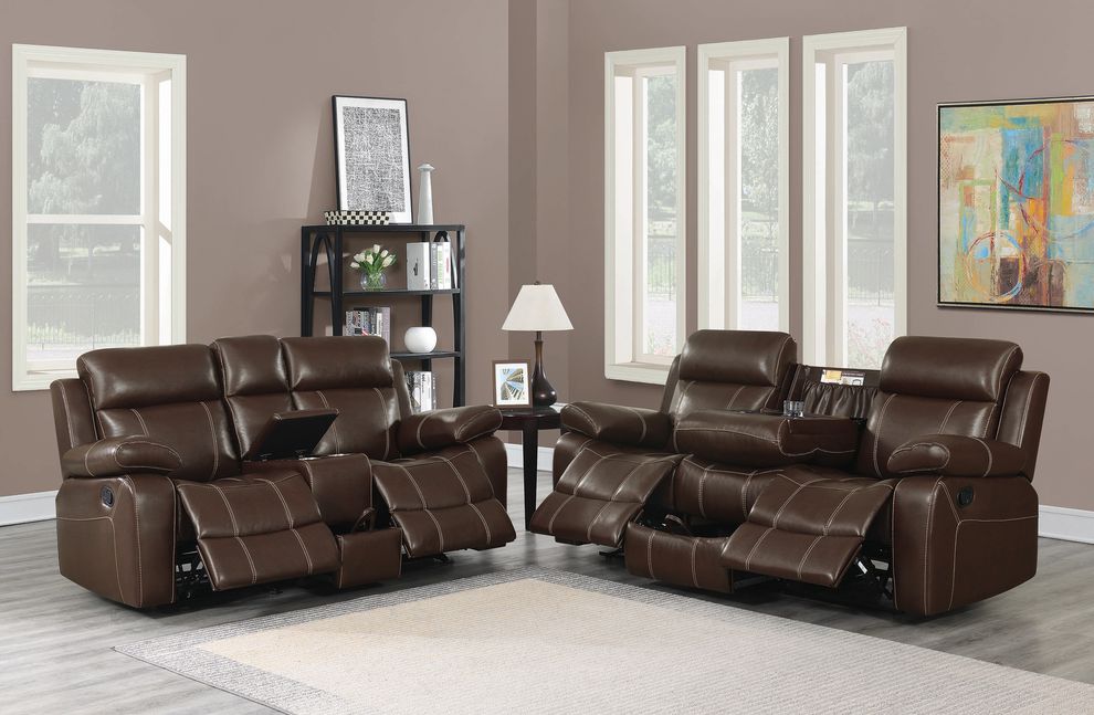 Reclining sofa in deep brown chocolate leather by Coaster