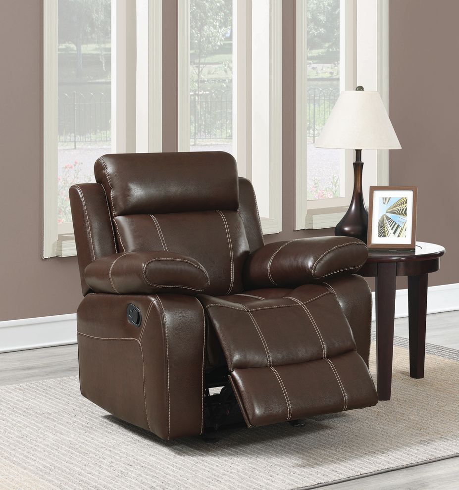 Glider recliner w/ pillow arms in brown by Coaster