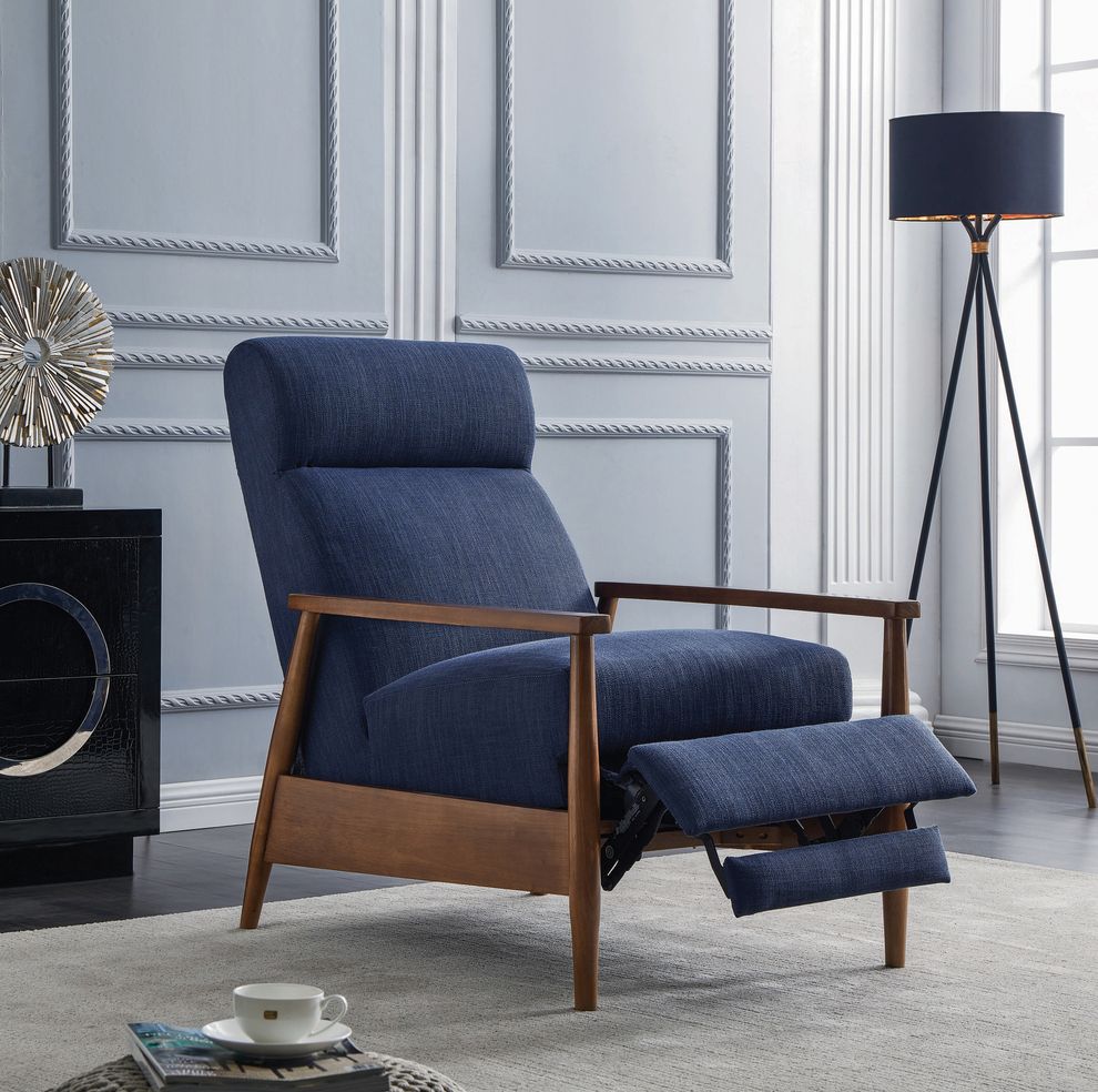 Push back navy blue fabric recliner chair by Coaster