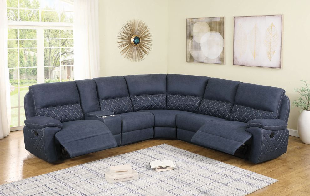 6 pc motion sectional in blue faux suede by Coaster