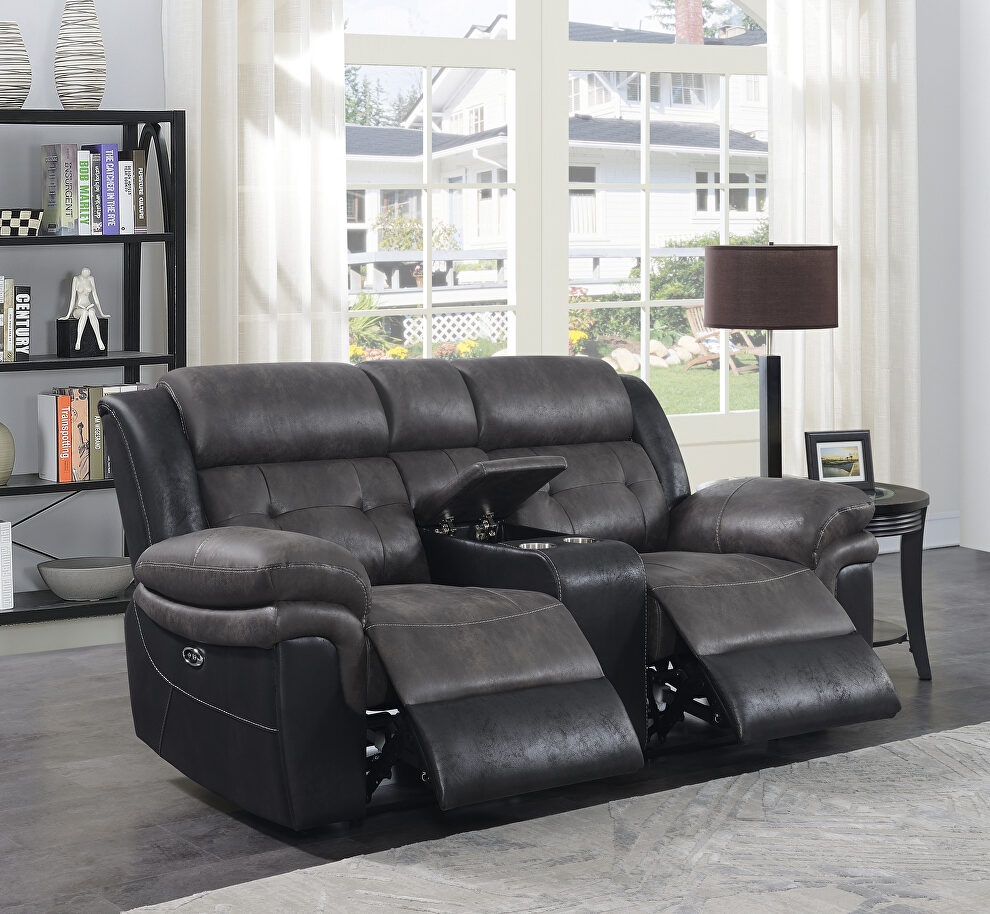 Motion loveseat in charcoal with matching black exterior by Coaster