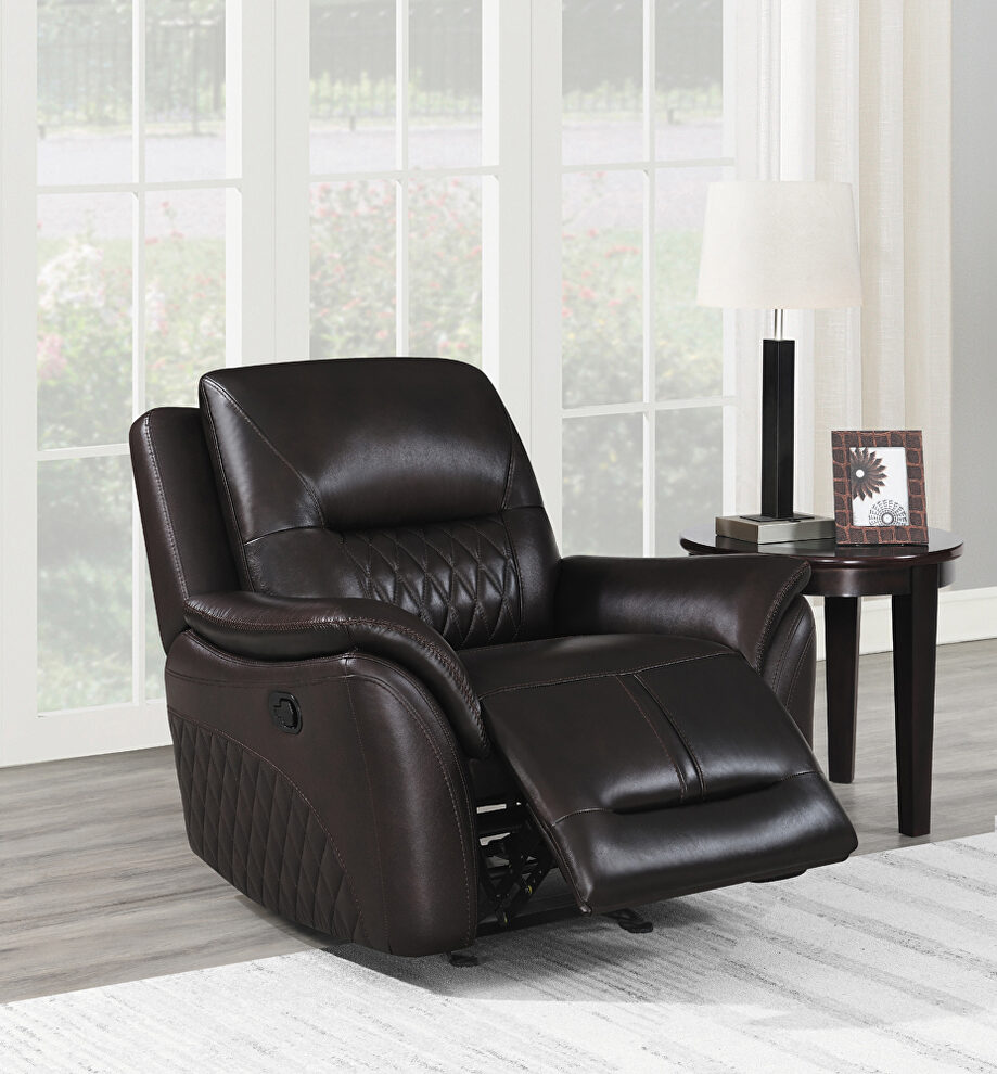 Dark brown finish genuine top grain leather upholstery glider recliner chair by Coaster
