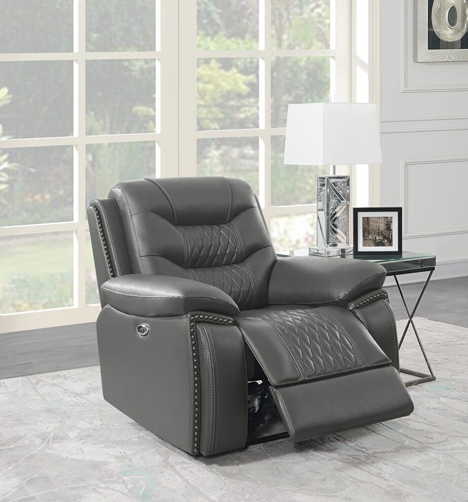 Recliner upholstered in gray performance-grade leatherette by Coaster