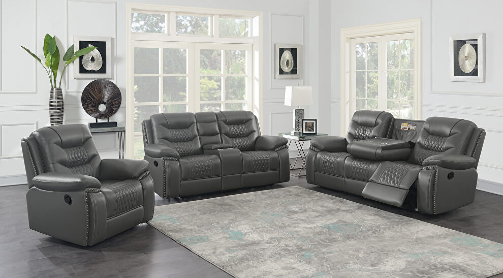 Motion sofa upholstered in gray performance-grade leatherette by Coaster